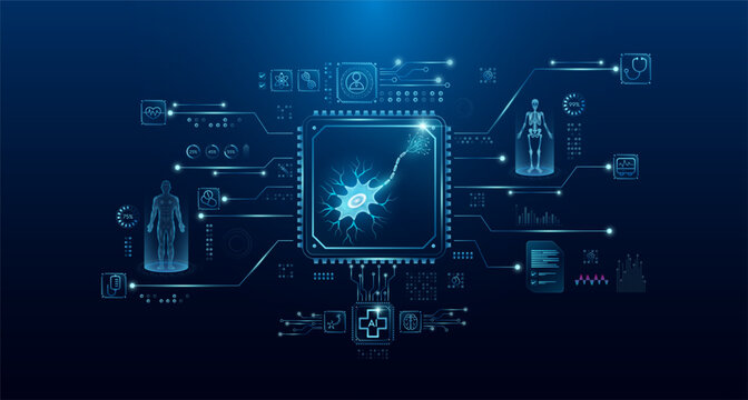 Nerve cell human in microchip processor circuit board. HUD interface hologram. Innovative health care analysis of AI technology digital hi tech. Modern treatment future medicine. Vector.
