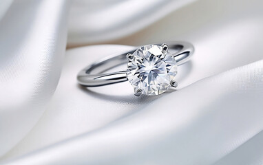 White gold engagement ring with solitaire dimond on the white satin background. Proposal of marriage