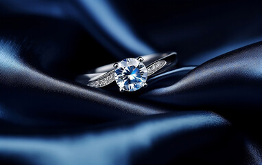Engagement ring with solitaire dimond on the navy blue satin background. White gold promise ring
