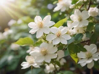 beautiful white coffee flowers in the garden, sunlight, detail coffee flowers, realistic coffee flowers
