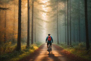 Fototapeta premium Back view of man cycling in the forest 