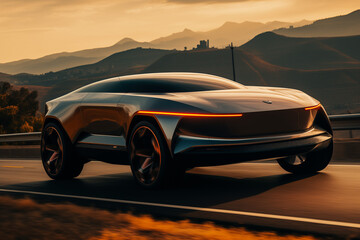 Advertising style concept sci-fi vehicle with the city skyline as the backdrop driving on the road, sci-fi concept vehicle, city skyline, golden hour, futuristic - GENERATIVE A