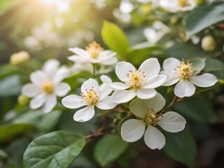 Obraz na płótnie Canvas beautiful white coffee flowers in the garden, sunlight, detail coffee flowers, realistic coffee flowers