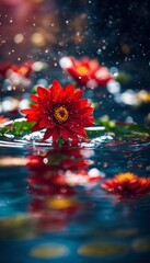 red flowers floating on top of the water, flowers everywhere, beautiful, photography, realistic, natural light, colorful, food art, object photography, still life food photography, ultra hd, bokeh