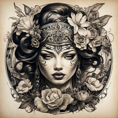 flower girl tattoo with skull and wing illustration
