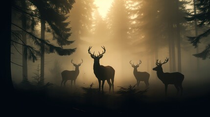 A group of deer standing in the middle of a pine forest early in the morning, mysterious silhouettes in the mist.