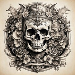 flower girl tattoo with skull and wing illustration