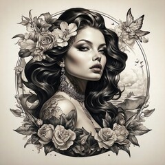 flower girl tattoo with skull and wing illustration - obrazy, fototapety, plakaty
