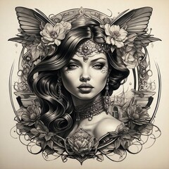 flower girl tattoo with skull and wing illustration