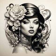 flower girl tattoo with skull and wing illustration