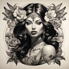 flower girl tattoo with skull and wing illustration