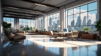 Modern office with large and bright windows. Generative AI.