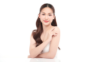 Obraz premium Beautiful young asian woman with clean fresh skin on white background, Face care, Facial treatment, Cosmetology, beauty and spa, Asian women portrait.