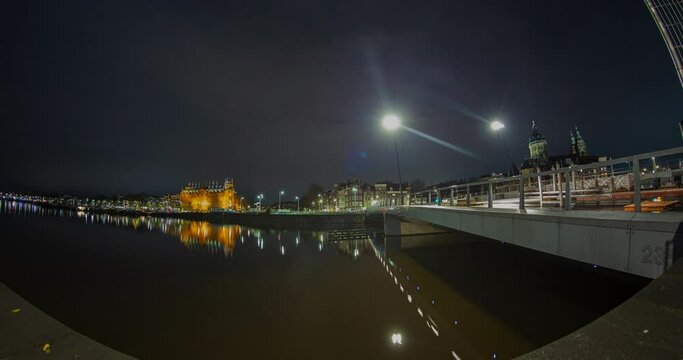Amsterdam Night Harbor Bridge Water Canal Grand Hotel Basilica of Saint Nicholas Timelapse