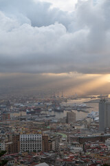 Panorama of the sea port of the city of Napoli in the morning with Vesuvius in the background
