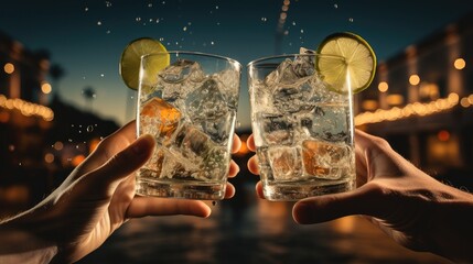 Close up shot of two hands cheering with gin cocktails coming into contact. Generative AI.