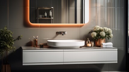 Luxury stainless steel bathroom cabinet. Generative AI.