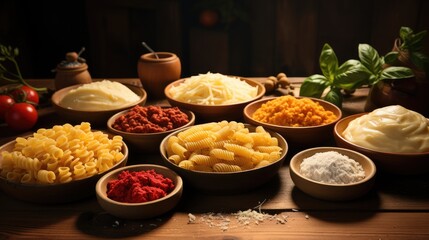 Different pasta dishes on a wooden table. Generative AI.