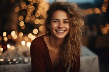 Obraz premium Smiling woman excited about Christmas gifts. Generative AI.