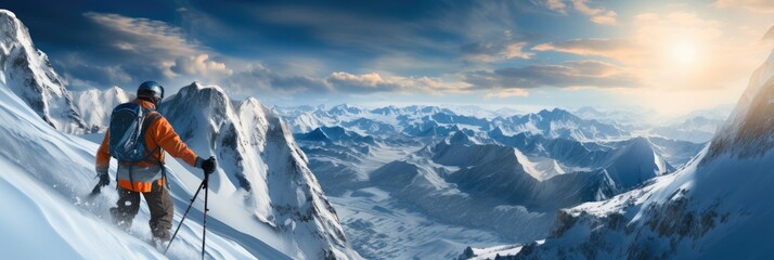 Naklejka na ściany i meble Hiker in winter mountains, Beautiful landscape in the background. Generative AI.
