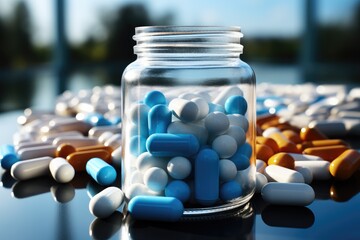 Vitamins capsules in a white jar on a blue background. Generative AI.