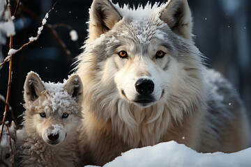 Mother wolf and cubs in the snow - obrazy, fototapety, plakaty