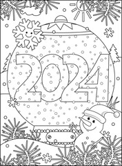 Year 2024 snow globe coloring page, poster, sign or banner black and white activity sheet 

