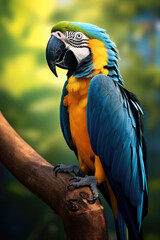Obraz premium A blue macaw bird on a tree branch. Generative AI.
