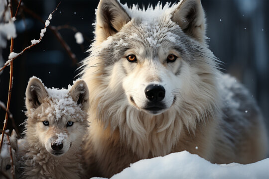 Mother wolf and cubs in the snow