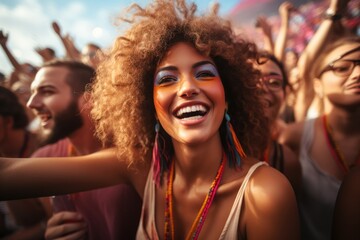Happy mixed race people at a music festival lots of color. Generative AI.