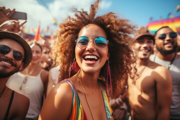 Fototapeta premium Happy mixed race people at a music festival lots of color. Generative AI.
