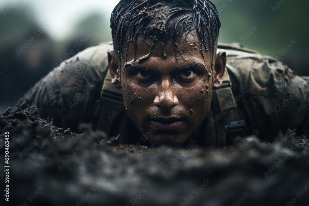 Wall mural Soldier in his uniform crawling in mud. Generative AI.