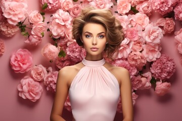 A beautiful young woman in a pretty dress with flowers posing over pink background. Generative AI.