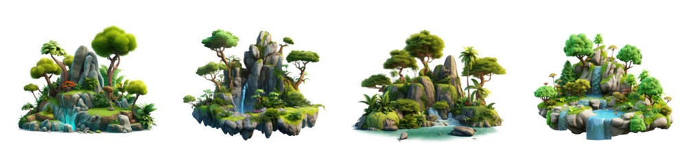 Set of 3d cartoon clipart island forest, isolated on white and transparent background - obrazy, fototapety, plakaty