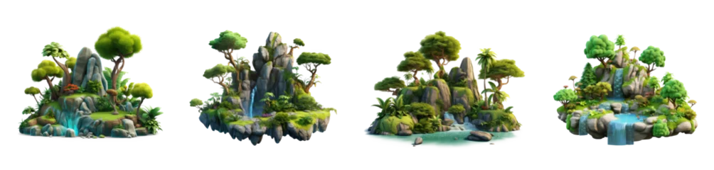 Fotobehang Set of 3d cartoon clipart island forest, isolated on white and transparent background © Black Pig
