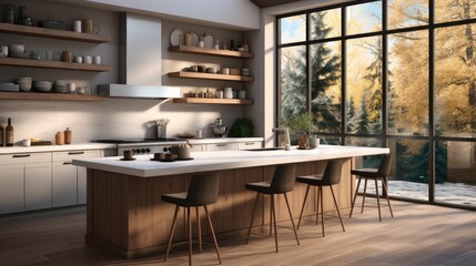 A contemporary kitchen with a glass backsplash and casement windows. Generative AI.