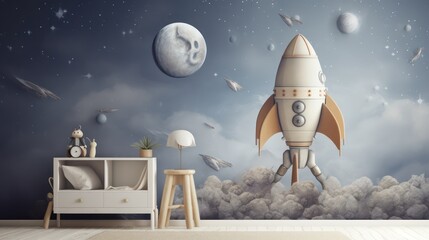 Children's room with space wallpaper, cute rocket spaceship doll on display.
