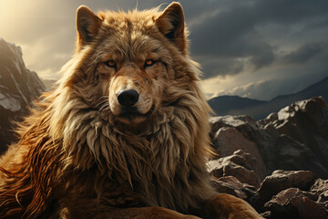 A wolf sitting on a rock mountain - obrazy, fototapety, plakaty
