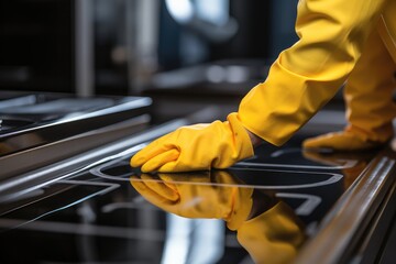 A person wearing gloves cleaning over a stove top. Generative AI. - obrazy, fototapety, plakaty
