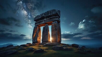 Fototapeta premium ancient historical stones ruins of the castle background photo at night