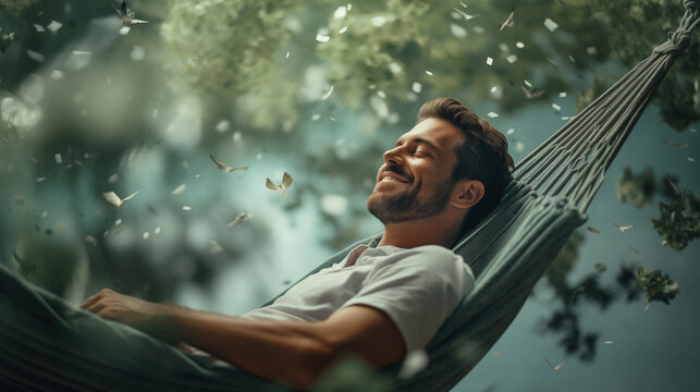 Smiling young man relaxing in a hammock, enjoying vacations or a lazy weekend. Magical ambience. Afternoon nap, powernap, siesta. Casual guy relaxing on a warm summer day.