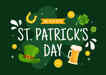 Happy St Patrick's Day Vector Illustration on 17 March with Golden Coins, Green Hat, Beer Pub and Shamrock in Flat Cartoon Background Design