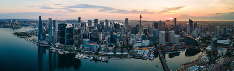 Panoramic aerial drone view of Barangaroo waterfront precinct in Sydney City, NSW Australia during a morning sunrise in December 2023     