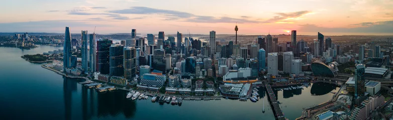  Panoramic aerial drone view of Barangaroo waterfront precinct in Sydney City, NSW Australia during a morning sunrise in December 2023      © Steve