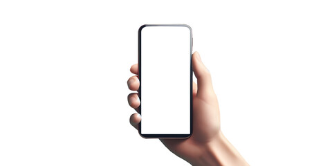 Right hand holds cell phone on white background.