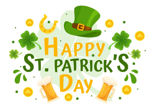 Happy St Patrick's Day Vector Illustration on 17 March with Golden Coins, Green Hat, Beer Pub and Shamrock in Flat Cartoon Background Design