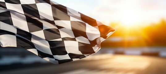 Finish racing flag with sunset light effect. Generative AI technology. - obrazy, fototapety, plakaty