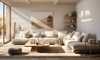 Spacious bright living room with large white sofa generated AI