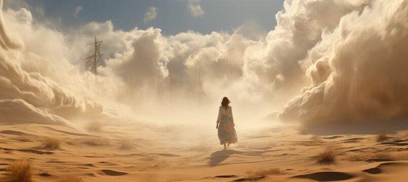 A woman walking at desert with dramatic clouds. Generative AI technology