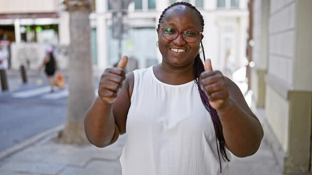Joyful, confident african american woman flashing a fun, approving thumbs-up sign on a sunny city street, her cool glasses gleaming.